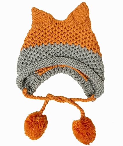 Fox Ears Beanie Hat for Adults - Warm Handmade Knitted Cap with Pom Pom, Patchwork, Orange - Variation of THIS listing