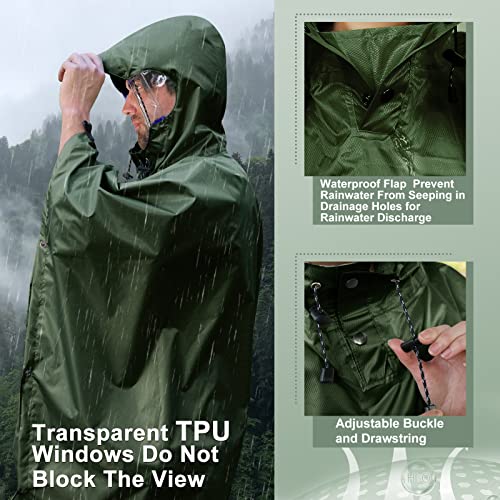 Andake Waterproof Rain Poncho for Adults Unisex with Transparent Viewing Window - One Size Dark Green