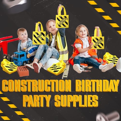Construction Birthday Party Tote Bags 12-Pack Kids Goodie Gift Bags - Yellow Mini Construction Theme