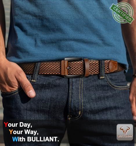 Men's Reversible Stretch Braided Web Belt 1 3/8 Inch with Gift Box, Black & Light Brown, Adjustable Waist 32-36