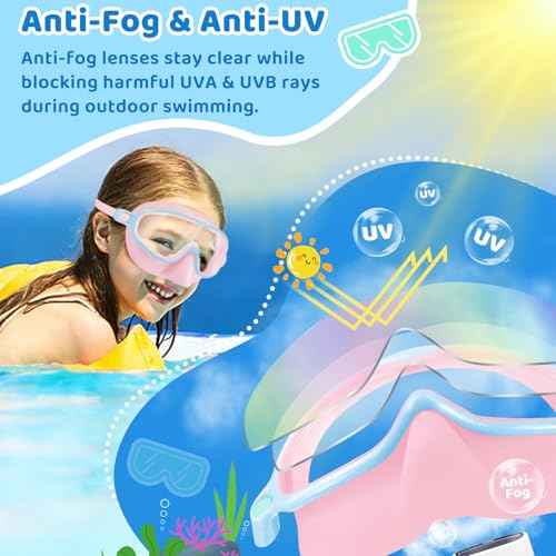 Kids Swim Goggles with Nose Cover 2 Pack - Pink & Blue for Pool & Beach