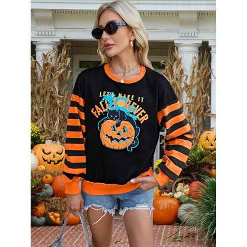 NANYUAYA Halloween Sweatshirts for Women Cute Spooky Season Pullover Long Sleeve Graphic Tops Casual Crewneck Striped Shirts