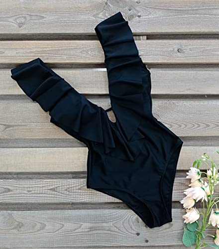 Women One-Piece Swimsuit V-Neck Ruffle Bathing Suit Padded Swimwear - Medium Solid Black