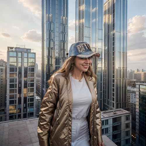 Popfizzy Bling Hat for Women, Rhinestone Baseball Cap, Bedazzled Distressed Denim Hat, Fun Birthday Gifts for Women and Girls
