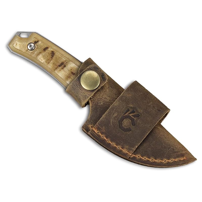 Fixed Blade Knife 5.98" with Ram Horn Handle & Leather Sheath - 440C Steel
