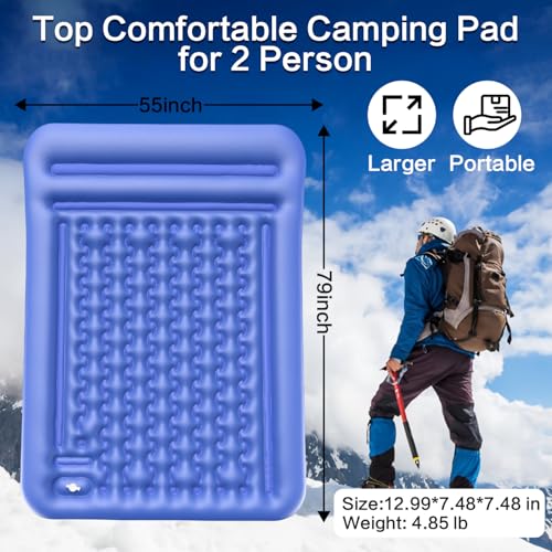 Double Sleeping Pad for Camping Blue - Extra Thick 5 Inch Self-Inflating Mattress for 2 Persons with Built-In Foot Pump
