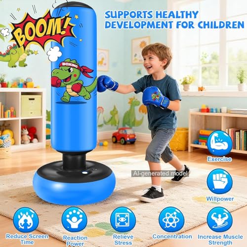 Kids Punching Bag Set with Dinosaur Design, Gloves & Pump - 48 Inches