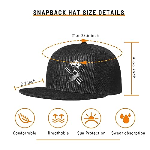 Chef Hat for Men Snapback Hats Funny Flat Bill Hat for Boy Women Adjustable Snap Pack Baseball Cap Black