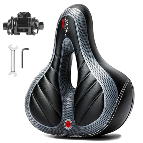 Comfort Bike Saddle Seat with Dual Shock Absorbing Ball and Memory Foam - Wide Waterproof Replacement, Black+Gray Grid