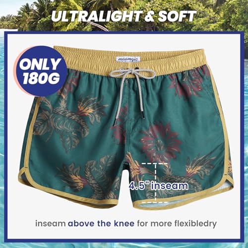 Men's Vintage Quick Dry Swim Trunks - 5 Inch Mesh Pockets, Dark Green, Medium