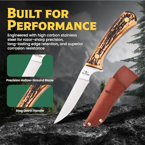 6.5-Inch Bird and Trout Skinning Knife with Leather Sheath - High Carbon Stainless Steel, Stag Delrin Handle, Hunting & Camping Tool