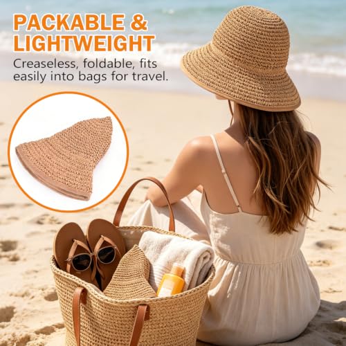 Women's Khaki Wide Brim Packable Sun Hat for Summer Beach