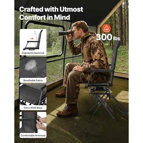 VEVOR Hunting Chair, 360¡Æ Silent Swivel, Foldable Lightweight Portable Blind Chair, Heavy-Duty Steel Frame Ground Stool Seat, with Armrest, Adjustable Carry Strap, 300 Lbs Capacity for Fishing Camping