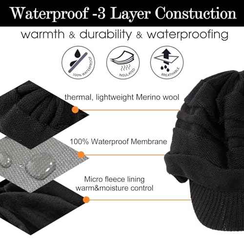 TOP-EX DryKnit¢â Winter Waterproof Merino Wool Visor Beanie Hat with Brim for Men Women, Knit Cap Stocking Warm Fleece Lined