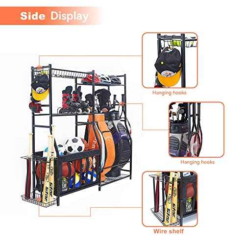 WALMANN Garage Sports Equipment Organizer, Golf Bag Stand for Garage Ball Storage Rack Indoor/Outdoor Kids Toys Storage Organizer Bins, Ball Holder with Baskets