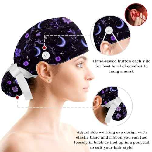 Scrub Caps Women, Surgical Caps with Buttons, Ponytail Nurse Hat, Bouffant Scrub Hats with Hair Scrunchy Adjustable, Moon Purple Floral Star Vintage Wildflower Pastorable