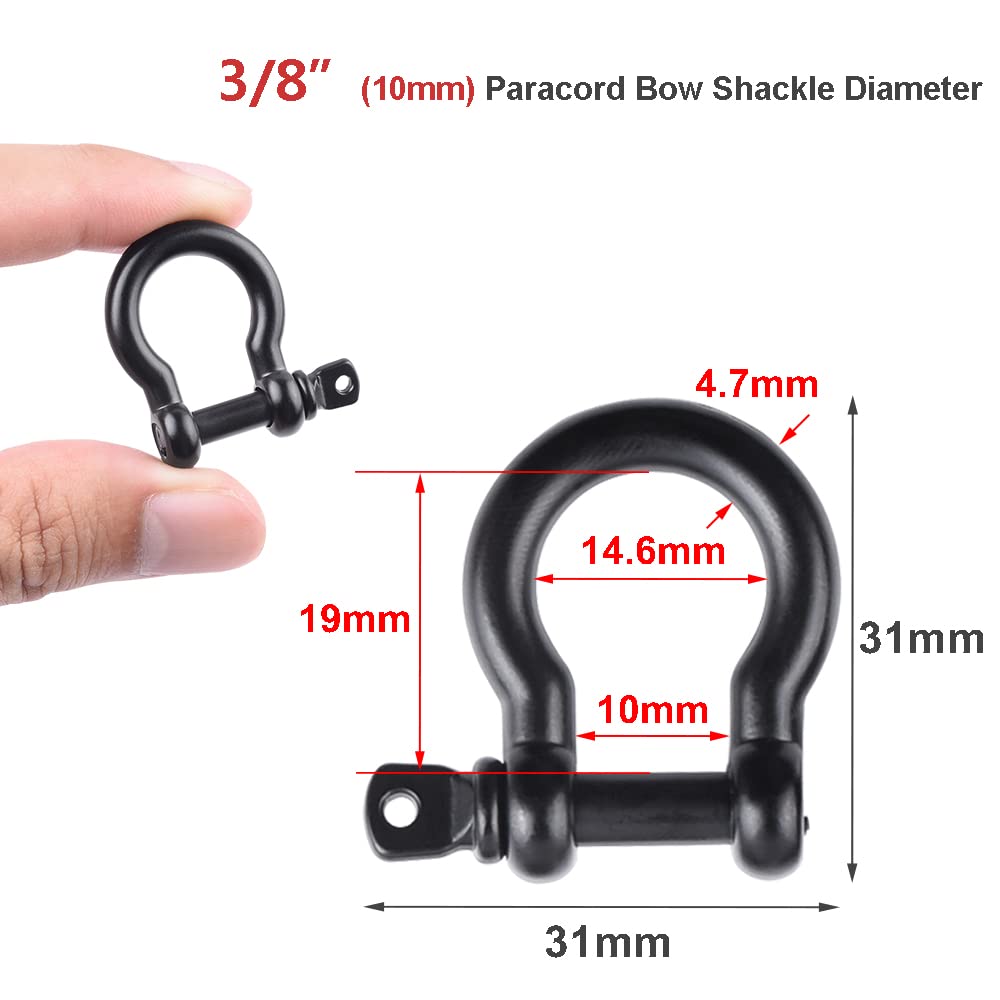 10 Pack 3/8"(10mm) Metal Bow Shackle for Emergency Survival Paracord Bracelet Parachute 550 Cord Pets Straps FLQ044A(Black)