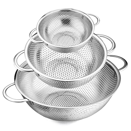 E-far Stainless Steel Colander Set of 3 (1, 3, 5 Quart) Kitchen Strainers with Handles
