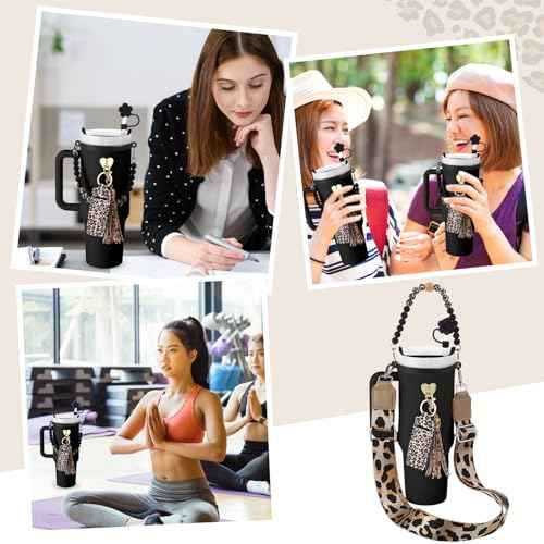 Skylety 7 Pcs Leopard Silicone Cup Accessory Set Compatible with Stanley Cup Leopard Beaded Bottle Strap Carrying Strap Lipstick Holder Tassel Charm Straw Cover Bottle Ring 8-40 oz Tumbler(Black)