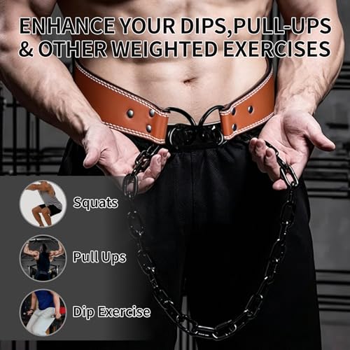 Heavy-Duty Leather Weight Lifting Dip Belt with Steel Chain - Brown
