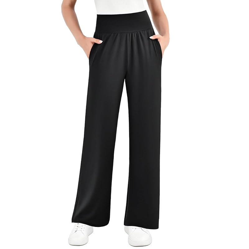 SINOPHANT Black Wide Leg Yoga Pants with Pockets - High Waist Lounge/Palazzo Pants, 30" Inseam, Medium