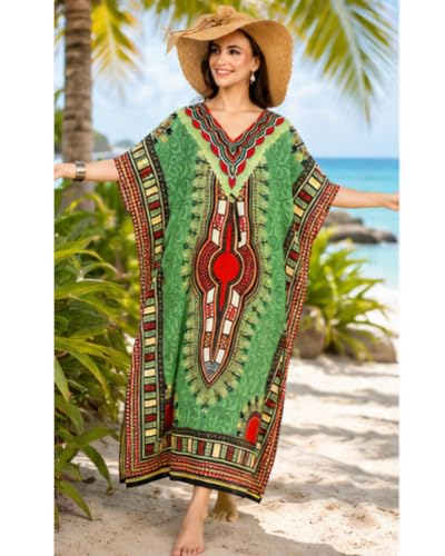 Women African Kaftan Maxi Swimsuit Beach Cover Up Nightwear Loungewear Casual Dress - Alkc-Green