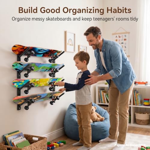 Skateboard Wall Mount Rack - 6 Layers Black for All Boards & Accessories
