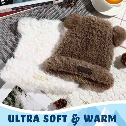 2 Pcs Cute Fuzzy Bear Ear Beanie for Women Winter Plush Warm Woolen Hat Faux Fur Animal Knitted Cap
