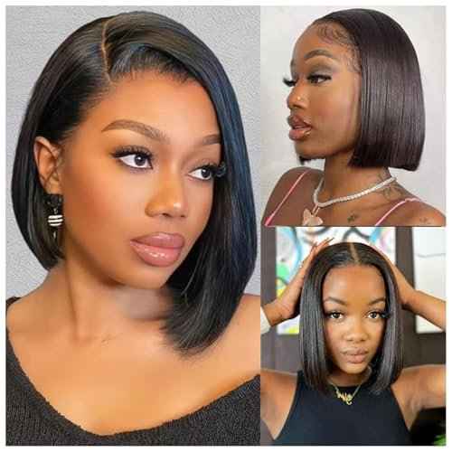 10 Inch Bob Wig Human Hair 13x4 HD Lace Front Wigs Pre Plucked Short Bob Wig Lace Frontal Wigs for Black Women, Short Straight Glueless Human Hair Wig with Elastic Band, 180% Density, Natural Black