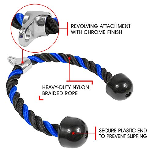 27 Inch Blue Black Tricep Rope with Carabiner for Cable Work - Heavy Duty Nylon