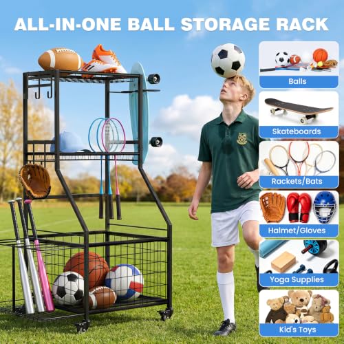 DYWJFR Black 3-Tier Rolling Sports Equipment Organizer with Wheels