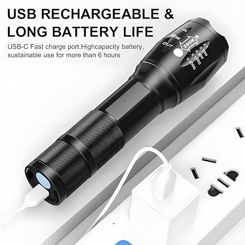 Blue Light Rechargeable LED Flashlight with Zoom, 2000 Lumens, Portable & Waterproof