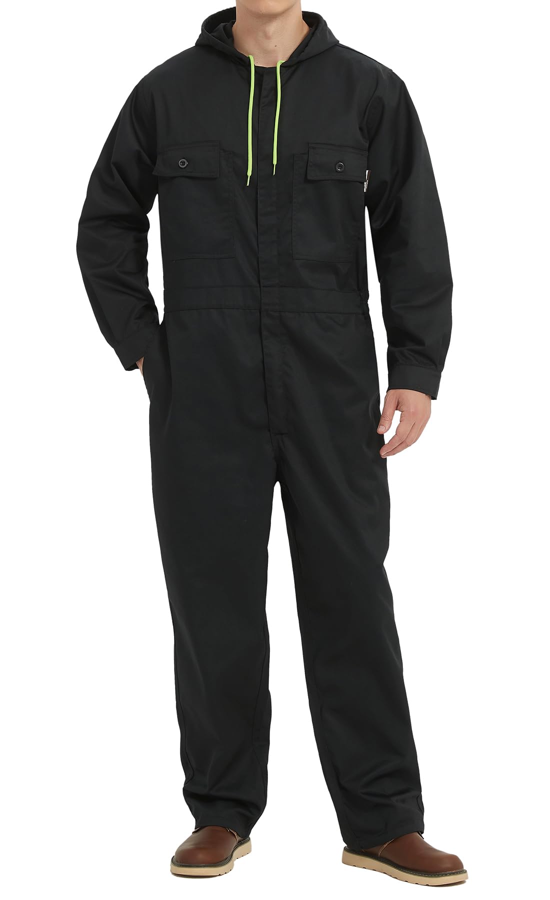 Yukirtiq Mens Cotton Blend Long Sleeve Coverall Multi Pockets Zip Overall Mechanic Work Jumpsuit with Hood, Black, S