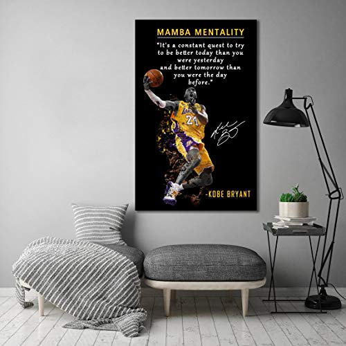 Kobe Bryant Mamba Mentality Quote Wall Art - 24 x 16 Inch Canvas Poster for Home Gym Office