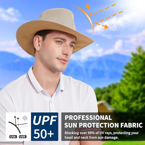 X-Large Mesh Sun Hat for Men Golf Beach Safari Wide Brim Outdoor Cap - Natural