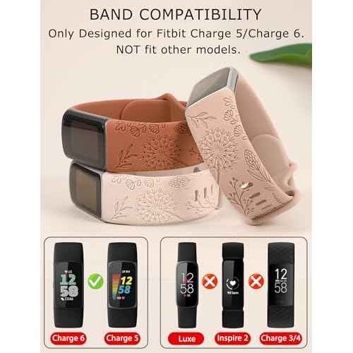 Minyee 3 Packs Floral Engraved Band Compatible with Fitbit Charge 6 Bands/Fitbit Charge 5 Bands Women, Cute Soft Silicone Dandelion Flower Pattern Sport Designer Fancy Summer Strap for Charge 6/5