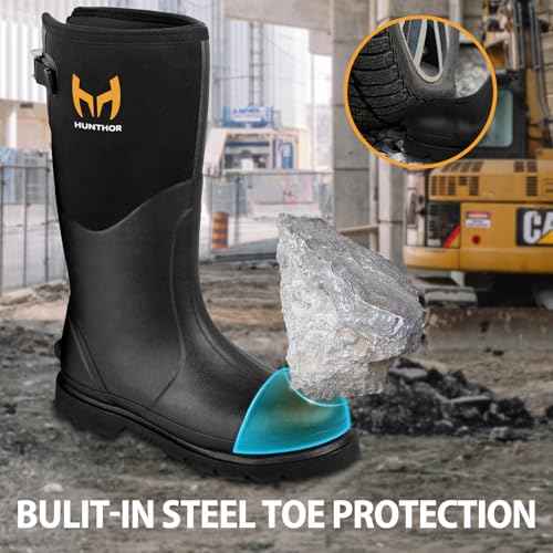 Rubber Work Boots, Puncture-Proof with Steel Toe & Shank, Waterproof Insulated 6mm Neoprene Hunting Boots for Farming, Construction, Gardening, Fishing, Outdoor Work (Size 6-14)