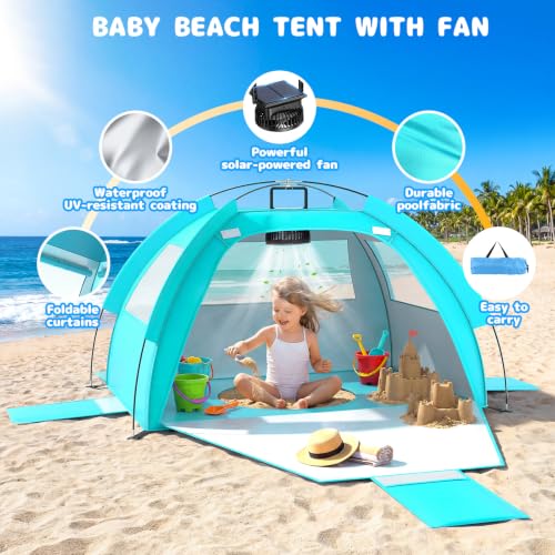 Baby Beach Tent with Sunshade & Cooling Fan - Portable UV 50+ Canopy Shelter for Infant & Toddler, Sand & Camping Use