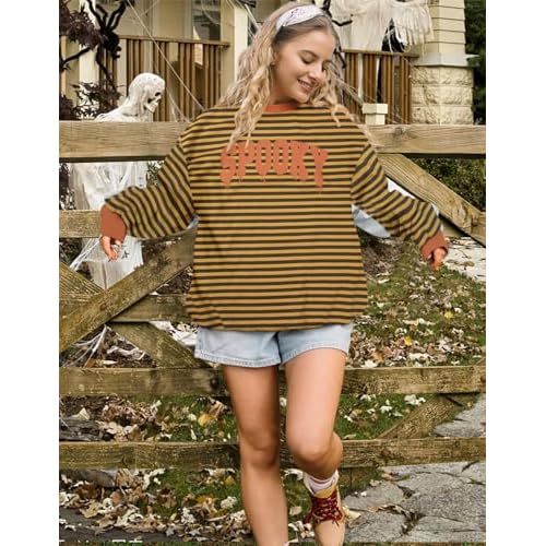 BANGELY Oversized Halloween Sweatshirt Women Vintage Spooky Season Pullover Top Spooky Vibes Letter Print Long Sleeve Shirt
