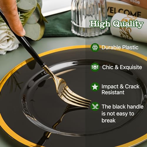 N9R Disposable Gold Plastic Silverware Set - Black Handles, 150PCS