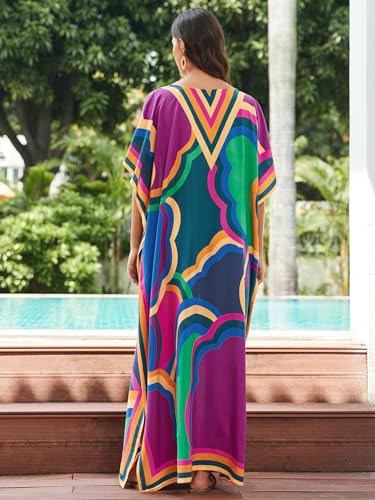 One Size Women's Moroccan Print V-Neck Batwing Kaftan Beach Dress Cover Up - IMAGEKOPE