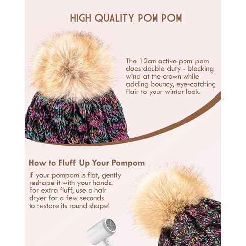 Winuesa Winter Hats for Women with Pom Pom, Womens Beanie Fleece Lined for Cold Weather, Multicolor Ski Skull Cap for Ladies