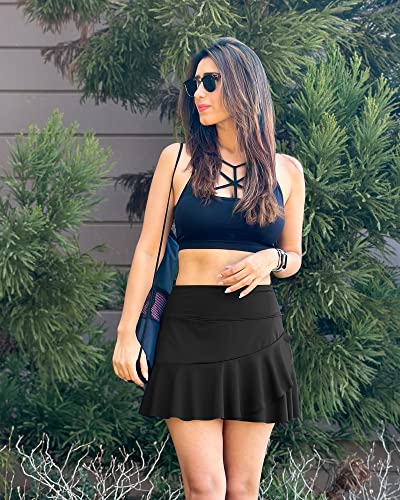Large Black 15 Inch Tennis Skirt for Women with Pockets High Waist Ruffle Athletic Skort