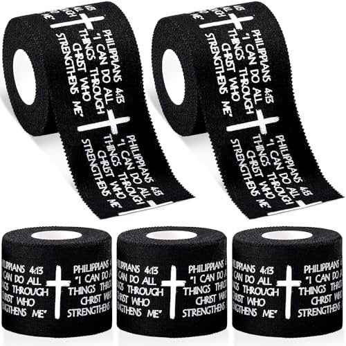 5Pcs Christian Athletic Tapes 2in x 23ft Black Cotton Zinc Oxide Sport Tape Faith Cross Sports Wristbands Religious Bible Verse Wrist Tape for Football Baseball Gymnastic Boxing First Aid Injury Wrap