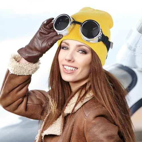 Halloween Costume Accessories Vintage Steampunk Goggles Glasses Yellow Beanie Striped Knit Scarf Set for Adult Cosplay Party
