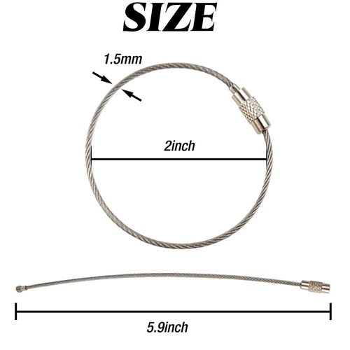 ROYHOO 60PCS 6 inch Stainless Steel Wire Keychains Cable, Key Rings, Heavy Duty Luggage Tags Loops Tag Keepers 1.5mm Twist Barrel Silver