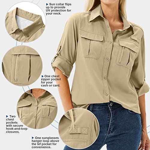 Women's UPF 50 Long Sleeve Sun Protection Shirts Safari Fishing Hiking