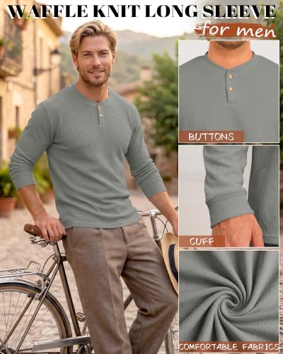 Men's Waffle Henley Long Sleeve Shirts - 4 Pack, Small Haze Blue & Gray