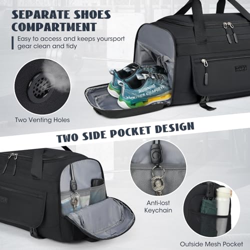 IGOLUMON 40L Waterproof Gym Duffle Bag with Shoe & Wet Compartments - Black