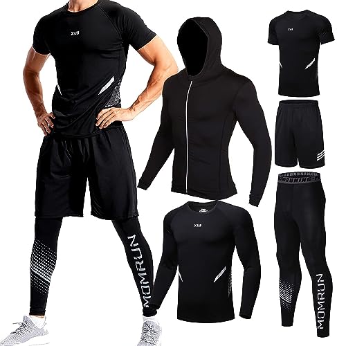 Men's Workout Sets with Compression Shirt, Pants, Hoodie & Jacket - Large / E